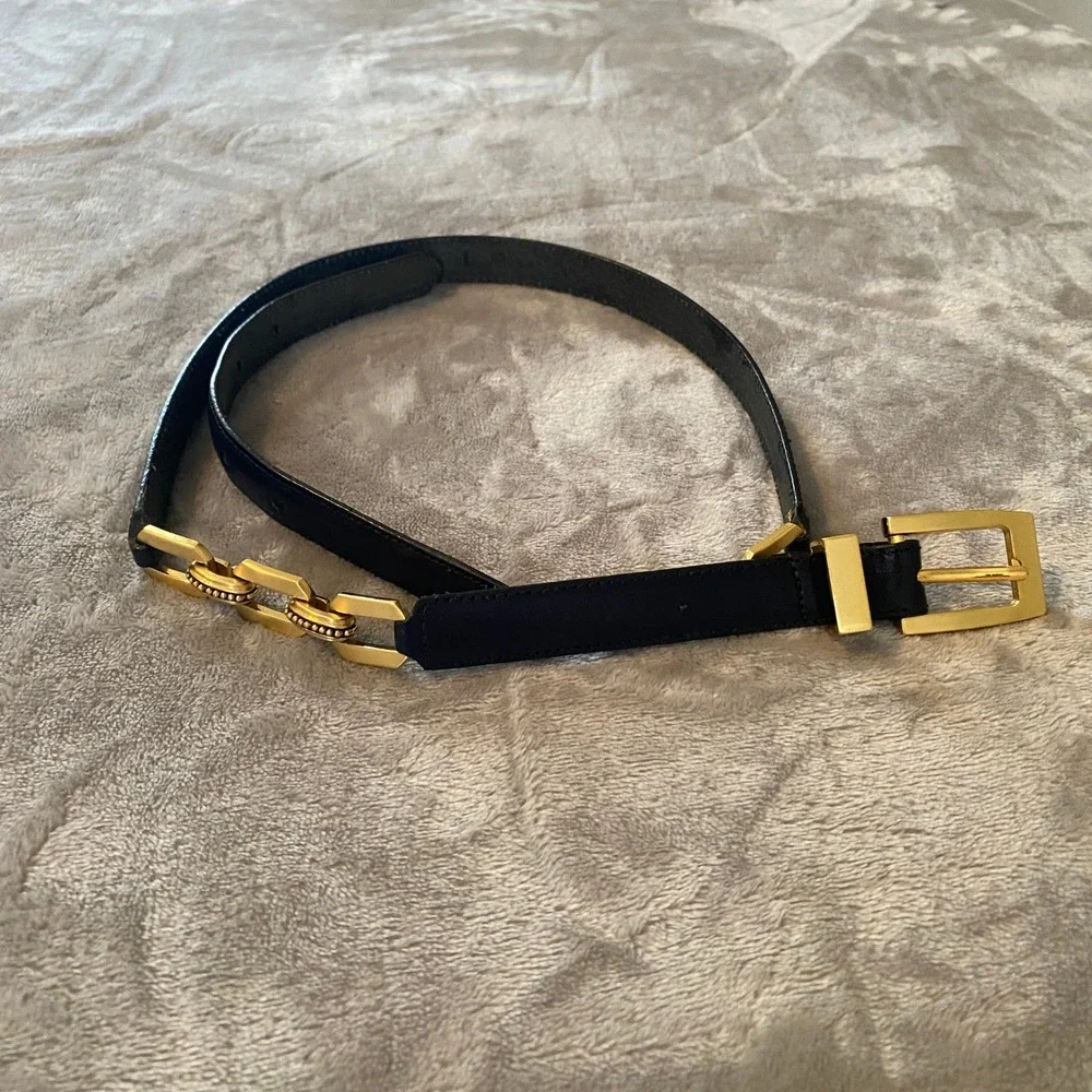 Talbots Belt Sz Large Black Leather Gold Chain Link Skinny Preppy Equestrian